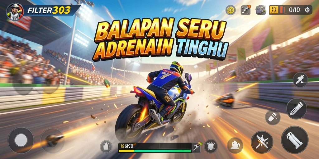 Tampilan utama gameplay FILTER303 dengan aksi balapan yang mendebarkan.