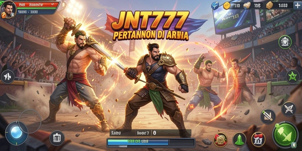 Tampilan gameplay yang mendebarkan dalam pertarungan di arena.