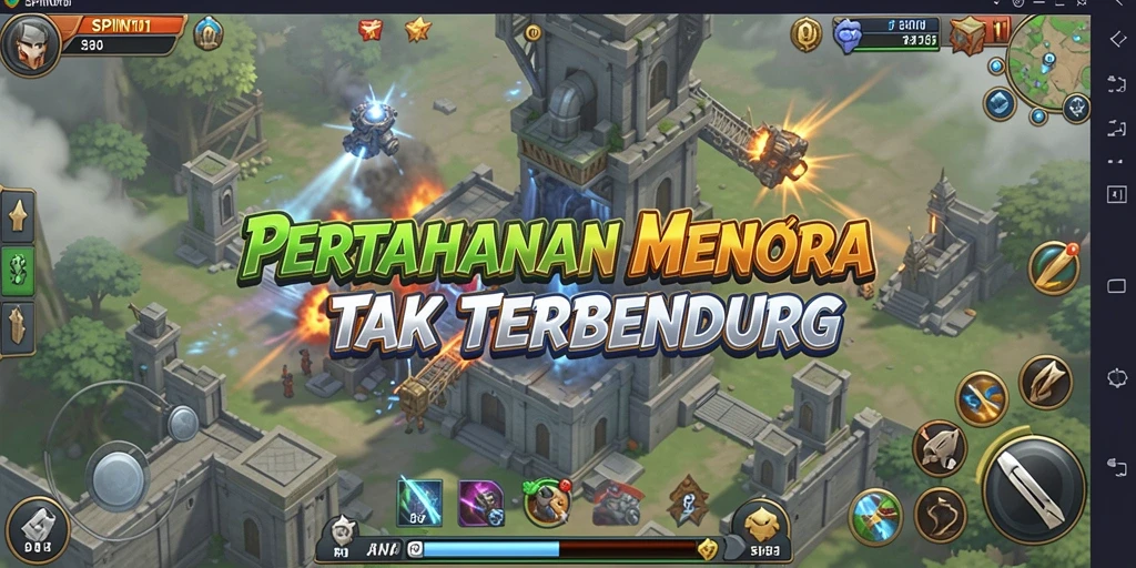 Tampilan menara dan musuh dalam SPIN101 yang mendebarkan.