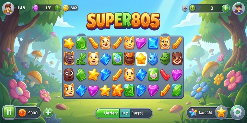 Screenshot gameplay SUPER805 dengan level seru permainan Match-3.